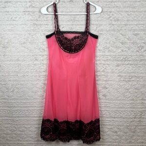 Vintage Witchy Wimsigoth Nylon Slip Dress Nightie Pink Black Lace Medium